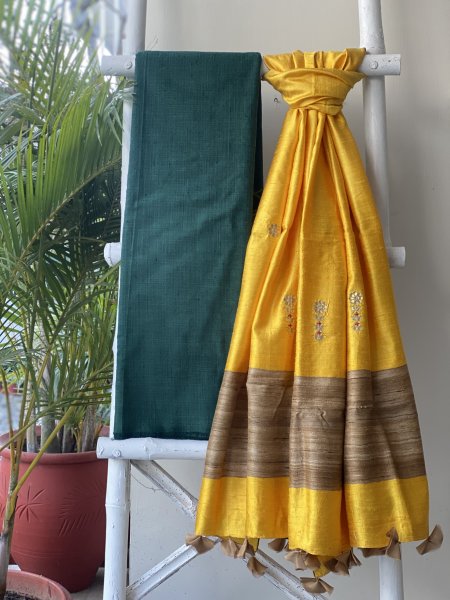 TEAL-YELLOW COTTON MATKA SILK EMBROIDERED dupatta Set