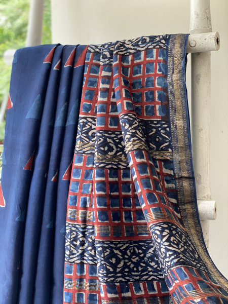 INDIGO HAND BLOCK PRINT CHANDERI SILK COTTON SARI