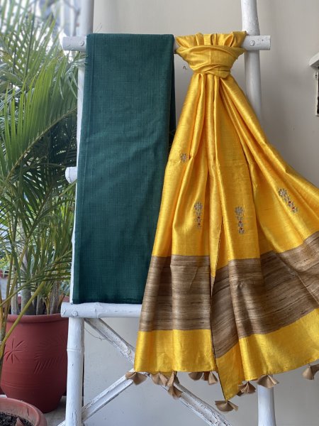TEAL-YELLOW COTTON MATKA SILK EMBROIDERED dupatta Set