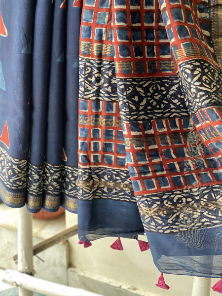 INDIGO HAND BLOCK PRINT CHANDERI SILK COTTON SARI