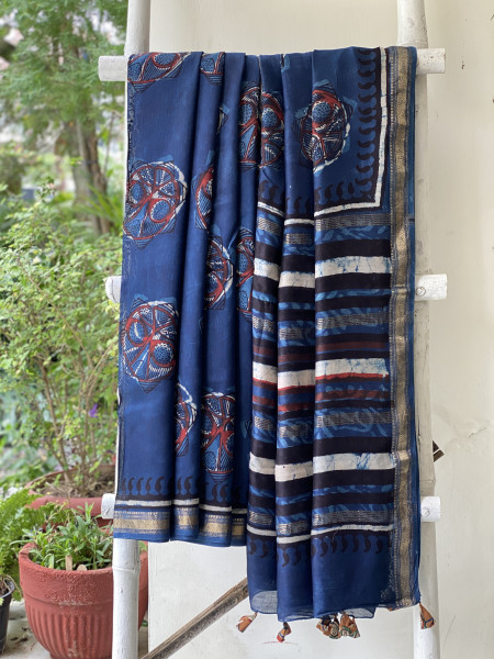 INDIGO HAND BLOCK PRINT CHANDERI SILK COTTON SARI