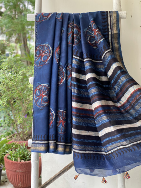 INDIGO HAND BLOCK PRINT CHANDERI SILK COTTON SARI