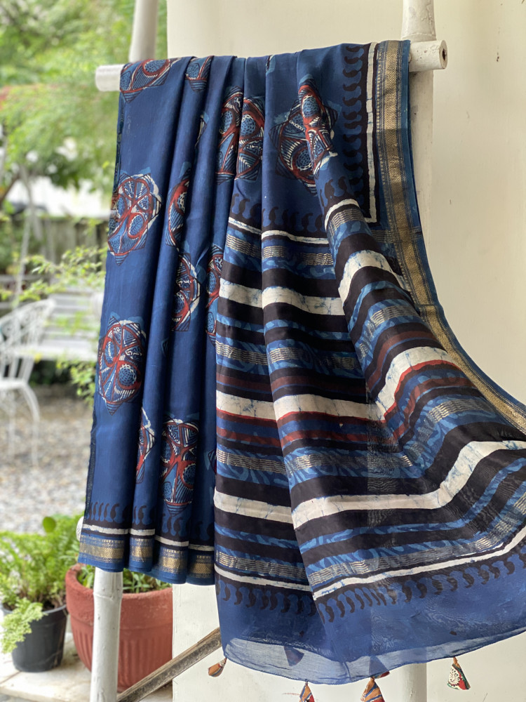 Image of INDIGO HAND BLOCK PRINT CHANDERI SILK COTTON SARI