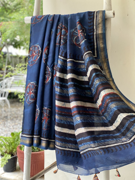 INDIGO HAND BLOCK PRINT CHANDERI SILK COTTON SARI