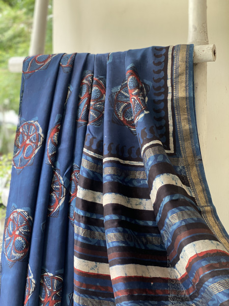 INDIGO HAND BLOCK PRINT CHANDERI SILK COTTON SARI