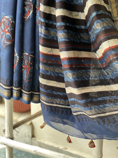 INDIGO HAND BLOCK PRINT CHANDERI SILK COTTON SARI