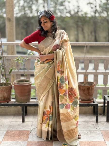 OFF WHITE PRINTED KANTHA EMBROIDERED TUSSAR SILK SARI