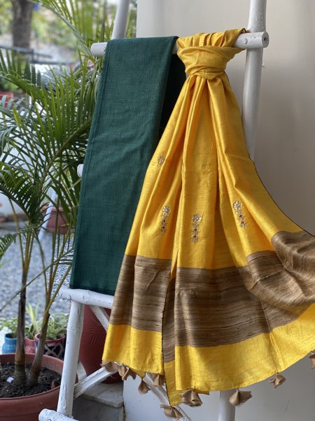 TEAL-YELLOW COTTON MATKA SILK EMBROIDERED dupatta Set