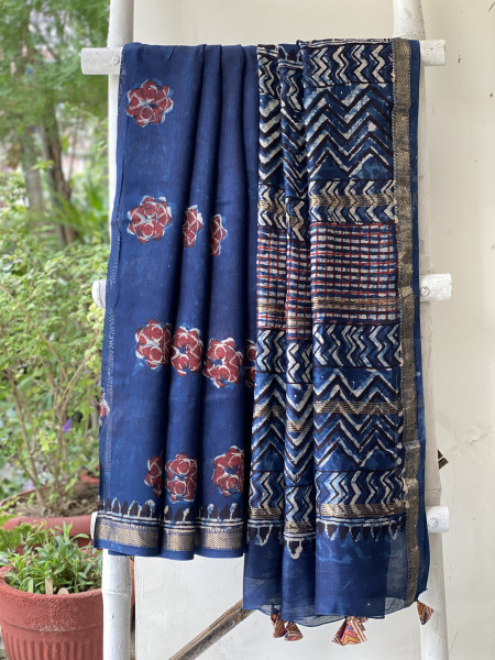 INDIGO HAND BLOCK PRINT CHANDERI SILK COTTON SARI
