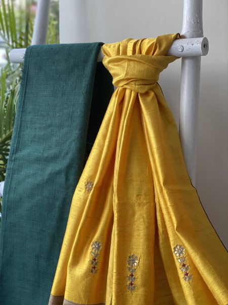 TEAL-YELLOW COTTON MATKA SILK EMBROIDERED dupatta Set