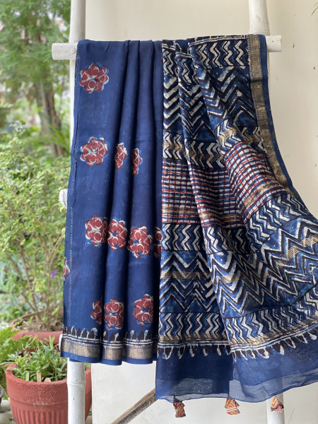 INDIGO HAND BLOCK PRINT CHANDERI SILK COTTON SARI