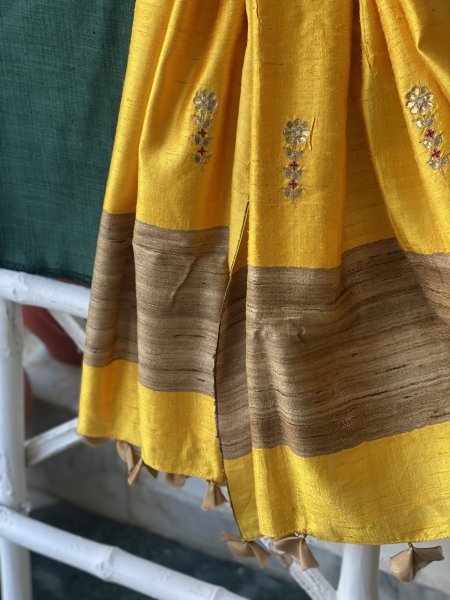 TEAL-YELLOW COTTON MATKA SILK EMBROIDERED dupatta Set