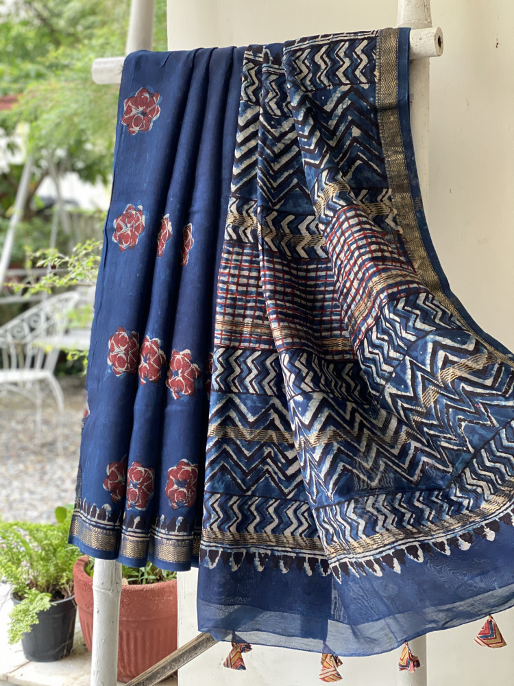 Image of INDIGO HAND BLOCK PRINT CHANDERI SILK COTTON SARI