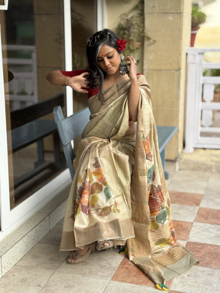 OFF WHITE PRINTED KANTHA EMBROIDERED TUSSAR SILK SARI