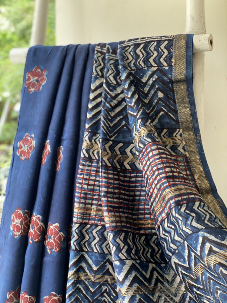 INDIGO HAND BLOCK PRINT CHANDERI SILK COTTON SARI