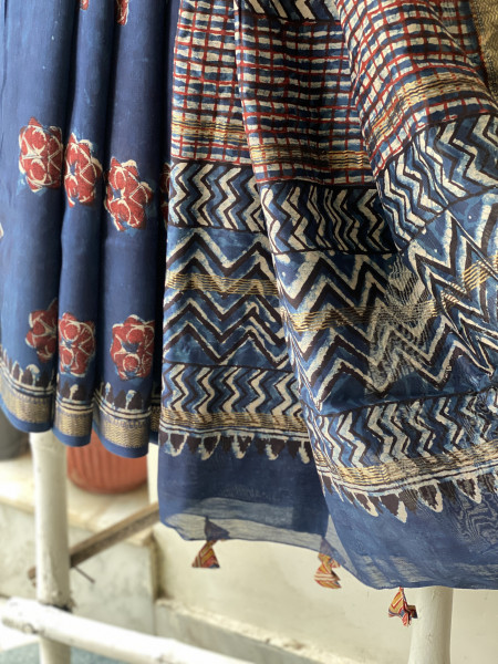 INDIGO HAND BLOCK PRINT CHANDERI SILK COTTON SARI