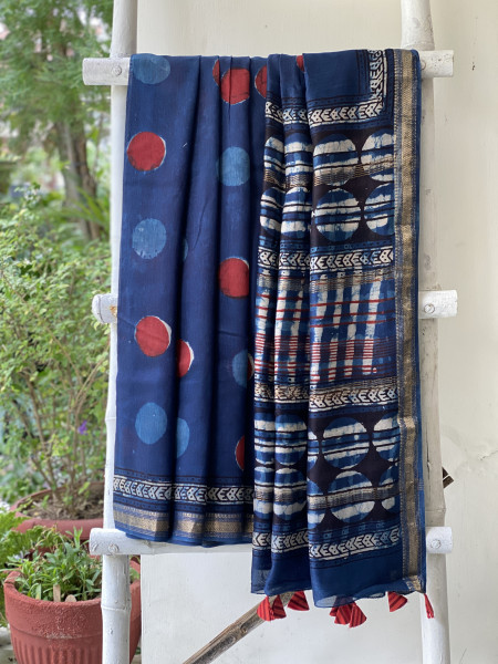 INDIGO HAND BLOCK PRINT CHANDERI SILK COTTON SARI