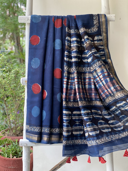 INDIGO HAND BLOCK PRINT CHANDERI SILK COTTON SARI