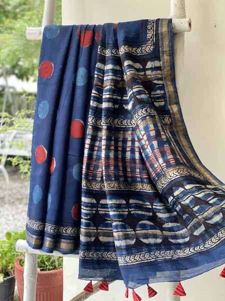 INDIGO HAND BLOCK PRINT CHANDERI SILK COTTON SARI