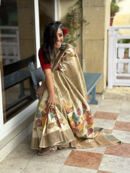 OFF WHITE PRINTED KANTHA EMBROIDERED TUSSAR SILK SARI