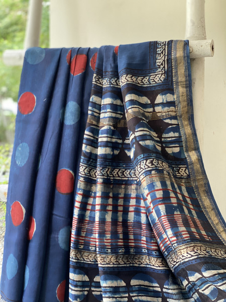 INDIGO HAND BLOCK PRINT CHANDERI SILK COTTON SARI