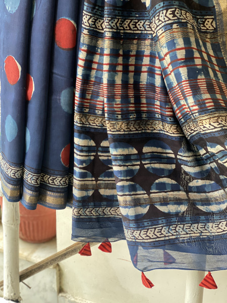 INDIGO HAND BLOCK PRINT CHANDERI SILK COTTON SARI