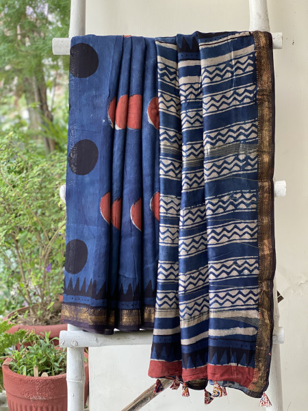 INDIGO HAND BLOCK PRINT CHANDERI SILK COTTON SARI
