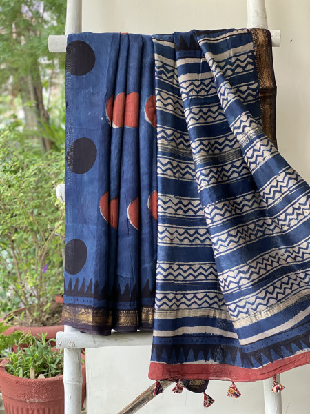 INDIGO HAND BLOCK PRINT CHANDERI SILK COTTON SARI