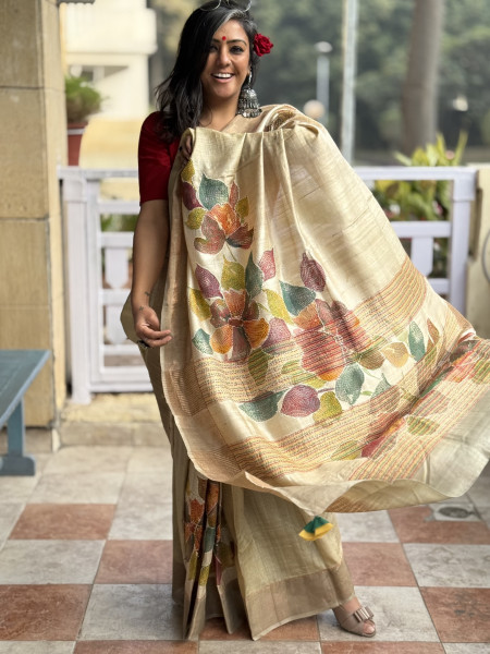 OFF WHITE PRINTED KANTHA EMBROIDERED TUSSAR SILK SARI