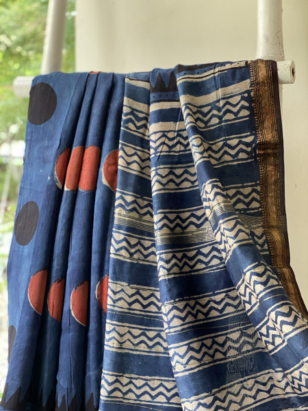 INDIGO HAND BLOCK PRINT CHANDERI SILK COTTON SARI