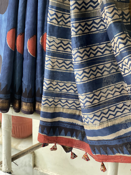 INDIGO HAND BLOCK PRINT CHANDERI SILK COTTON SARI
