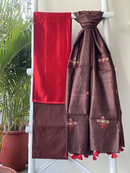 ROSE RED-BROWN MASHRU-KOSA SILK EMBROIDERED dupatta Set