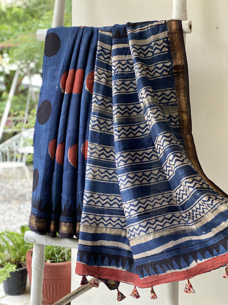 Image of INDIGO HAND BLOCK PRINT CHANDERI SILK COTTON SARI