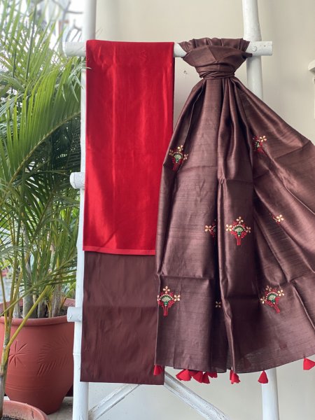 ROSE RED-BROWN MASHRU-KOSA SILK EMBROIDERED dupatta Set