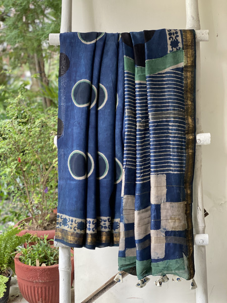 INDIGO HAND BLOCK PRINT CHANDERI SILK COTTON SARI