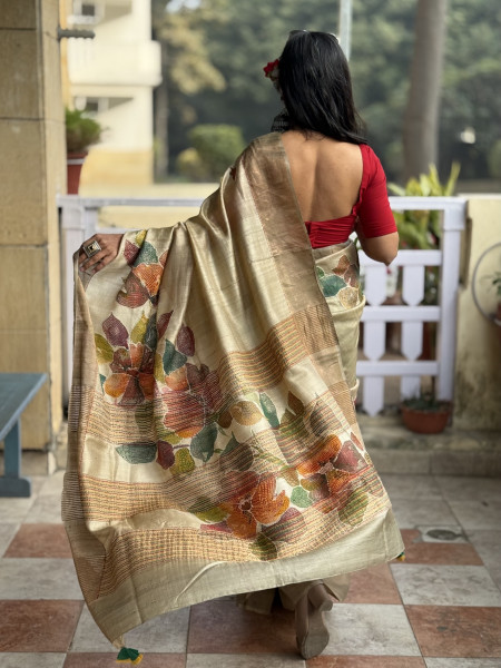 OFF WHITE PRINTED KANTHA EMBROIDERED TUSSAR SILK SARI