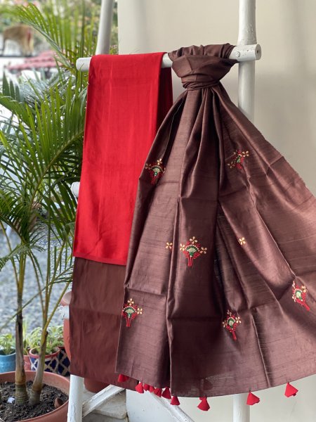 ROSE RED-BROWN MASHRU-KOSA SILK EMBROIDERED dupatta Set