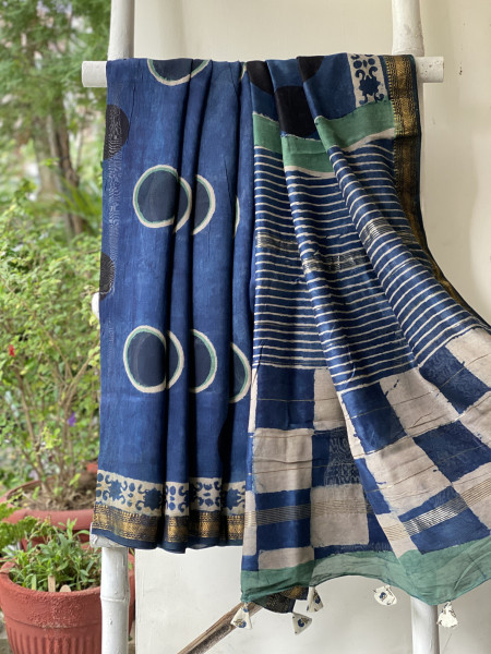 INDIGO HAND BLOCK PRINT CHANDERI SILK COTTON SARI