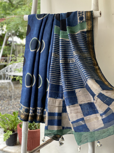 INDIGO HAND BLOCK PRINT CHANDERI SILK COTTON SARI