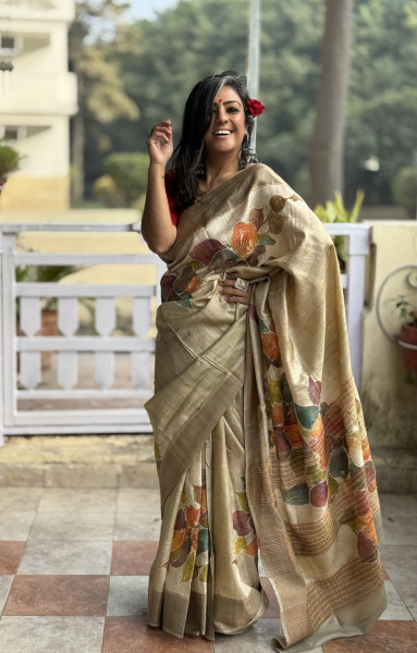 OFF WHITE PRINTED KANTHA EMBROIDERED TUSSAR SILK SARI
