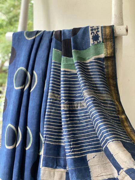 INDIGO HAND BLOCK PRINT CHANDERI SILK COTTON SARI