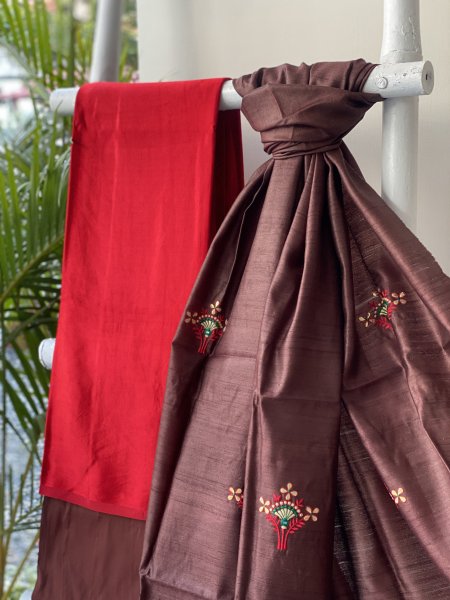 ROSE RED-BROWN MASHRU-KOSA SILK EMBROIDERED dupatta Set