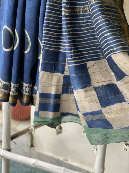 INDIGO HAND BLOCK PRINT CHANDERI SILK COTTON SARI