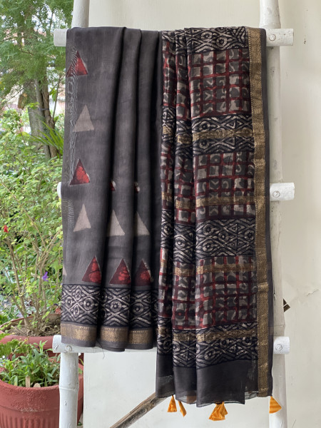 GREY HAND BLOCK PRINT CHANDERI SILK COTTON SARI
