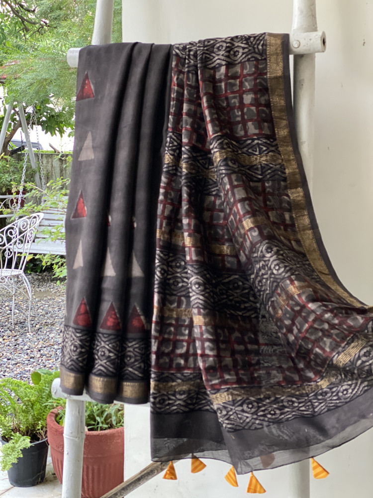 Image of GREY HAND BLOCK PRINT CHANDERI SILK COTTON SARI
