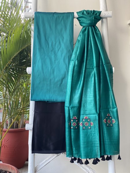 TEAL-BLACK KOSA SILK EMBROIDERED dupatta Set
