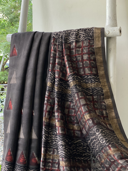 GREY HAND BLOCK PRINT CHANDERI SILK COTTON SARI