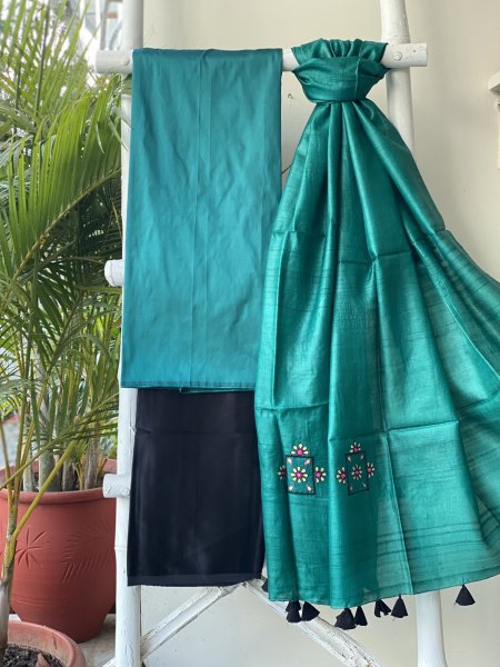 TEAL-BLACK KOSA SILK EMBROIDERED dupatta Set