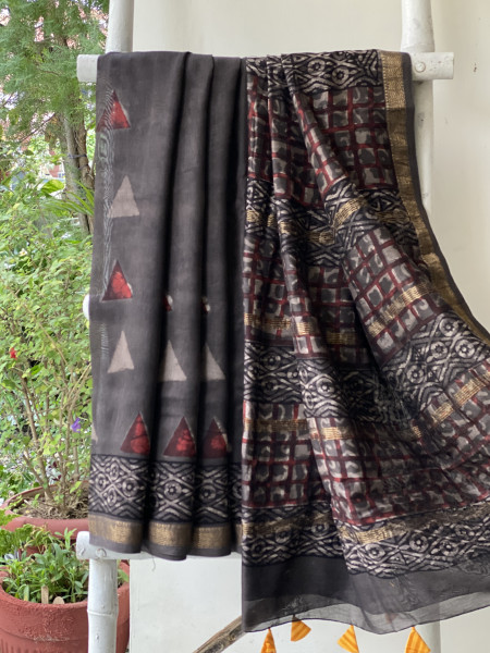 GREY HAND BLOCK PRINT CHANDERI SILK COTTON SARI