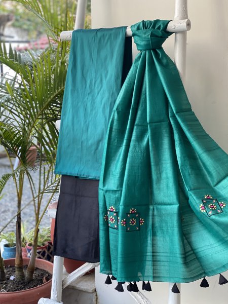 TEAL-BLACK KOSA SILK EMBROIDERED dupatta Set